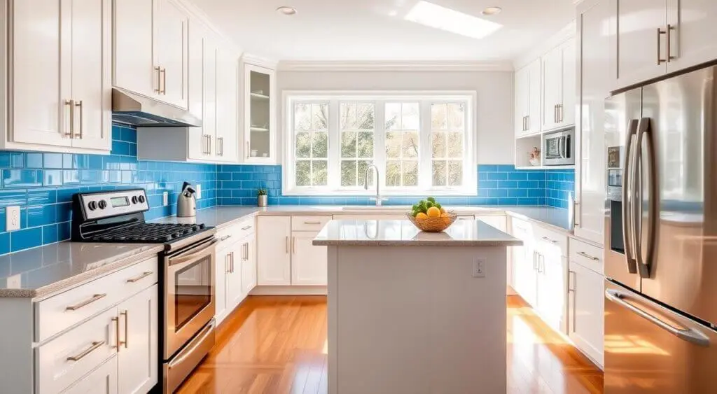 Bright, stylish kitchen featuring white cabinets, blue backsplash, quartz countertops, and hardwood floors.