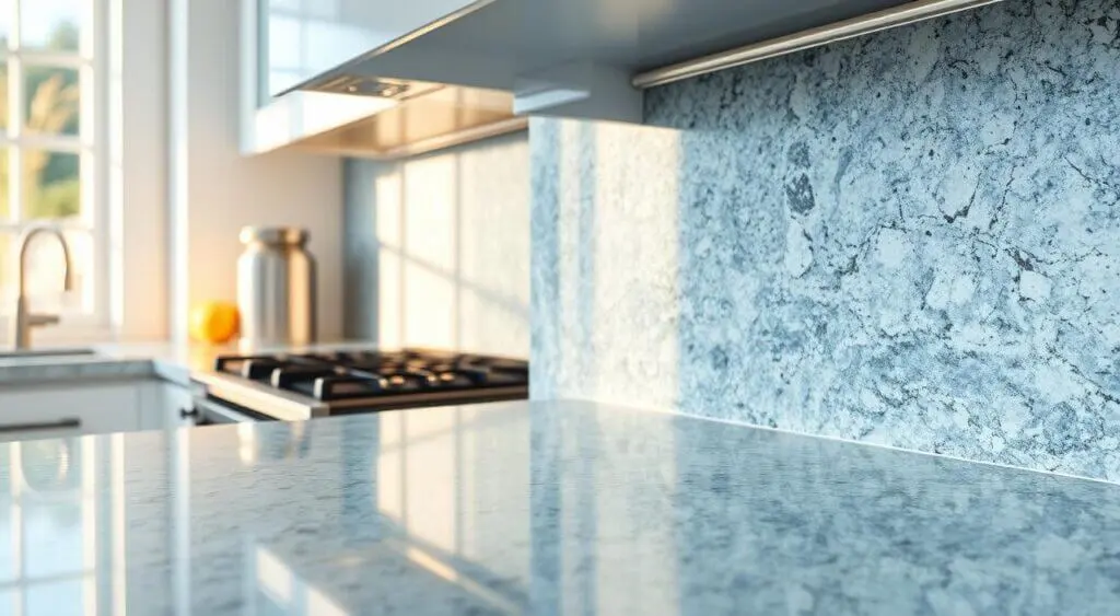 Close-up of a polished blue pearl granite backsplash with iridescent hues in a white kitchen.