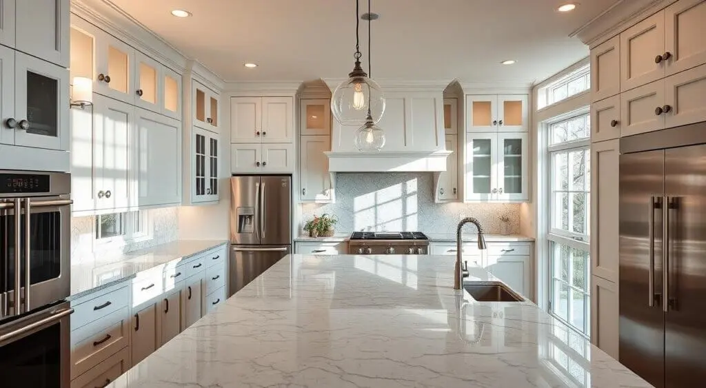 Bright kitchen featuring white shaker cabinets, blue pearl granite backsplash, pendant lights, and stainless steel appliances.