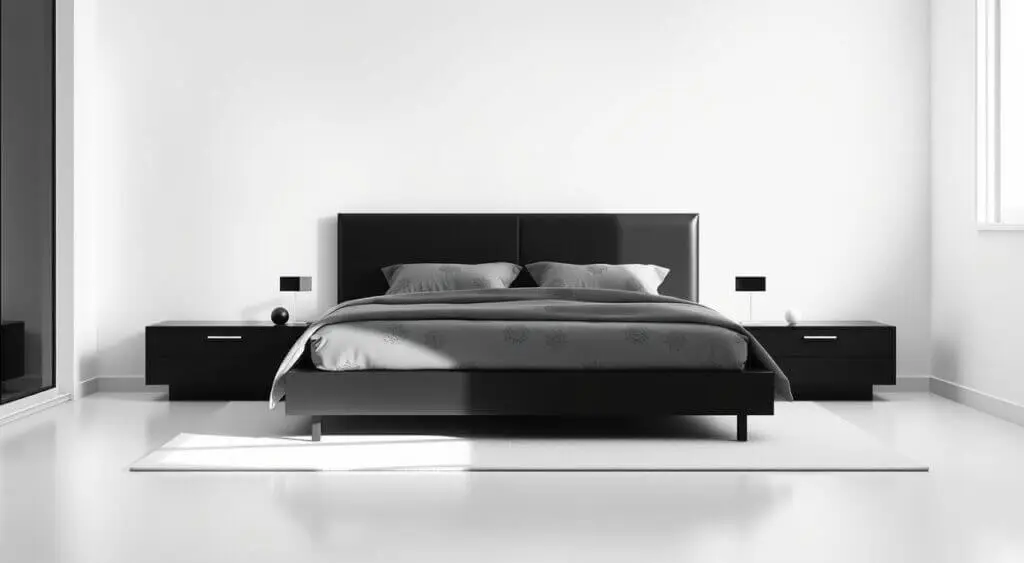 Sophisticated monochrome bedroom with a matte black bed, charcoal nightstands, and crisp white walls.