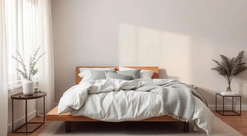 Modern bedroom with plush gray bedding, white linens, warm lighting, and minimalist décor for a serene look.