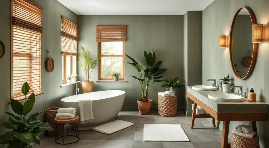 A serene sage green bathroom with wooden accents, lush indoor plants, a freestanding tub, soft white towels, and elegant lighting, creating a tranquil spa-like atmosphere.
