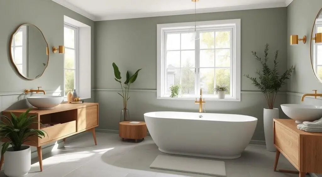 Elegant sage green bathroom featuring a modern freestanding bathtub, wooden accents, white and gold fixtures, lush greenery, and a large window with natural light.