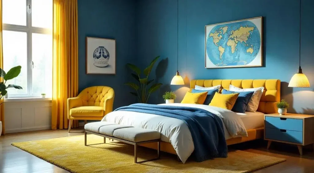 Beautiful bedroom with a blue and yellow color scheme, stylish bedding, décor accents, and soft lighting.