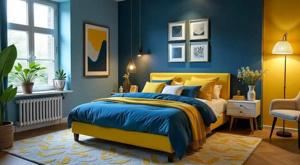 Stylish bedroom with a blue and yellow theme, featuring chic bedding, soft lighting, and matching décor.