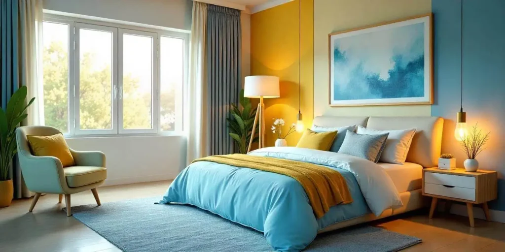 Beautiful bedroom with a blue and yellow color scheme, featuring elegant bedding, décor, and warm lighting.