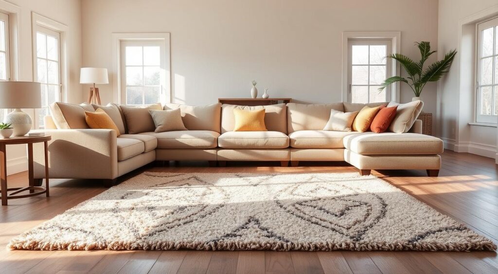 : Bright, cozy living room with a neutral L-shaped sectional and a well-proportioned high-pile rug.
