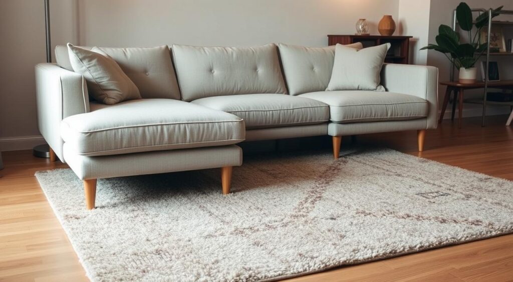 Warm, inviting living room with a plush sectional sofa and a well-positioned textured area rug.