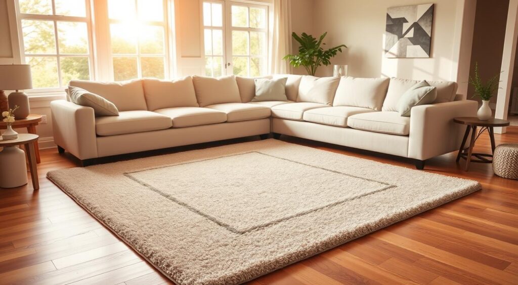 Warm, inviting living room with a sectional sofa and a well-aligned geometric-patterned area rug.